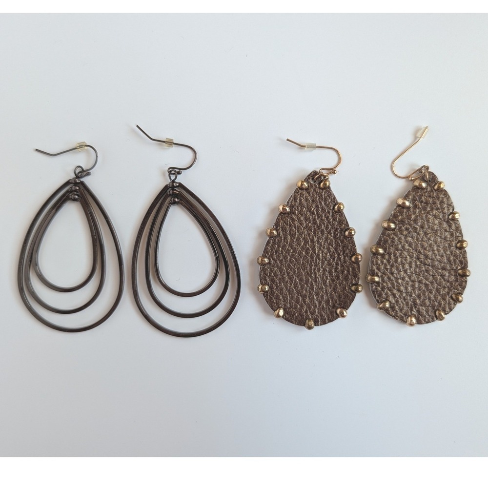 Boho Teardrop Earring Bundle Bronze Metallic Faux Leather & Triple Layer Metal - Picture 2 of 5